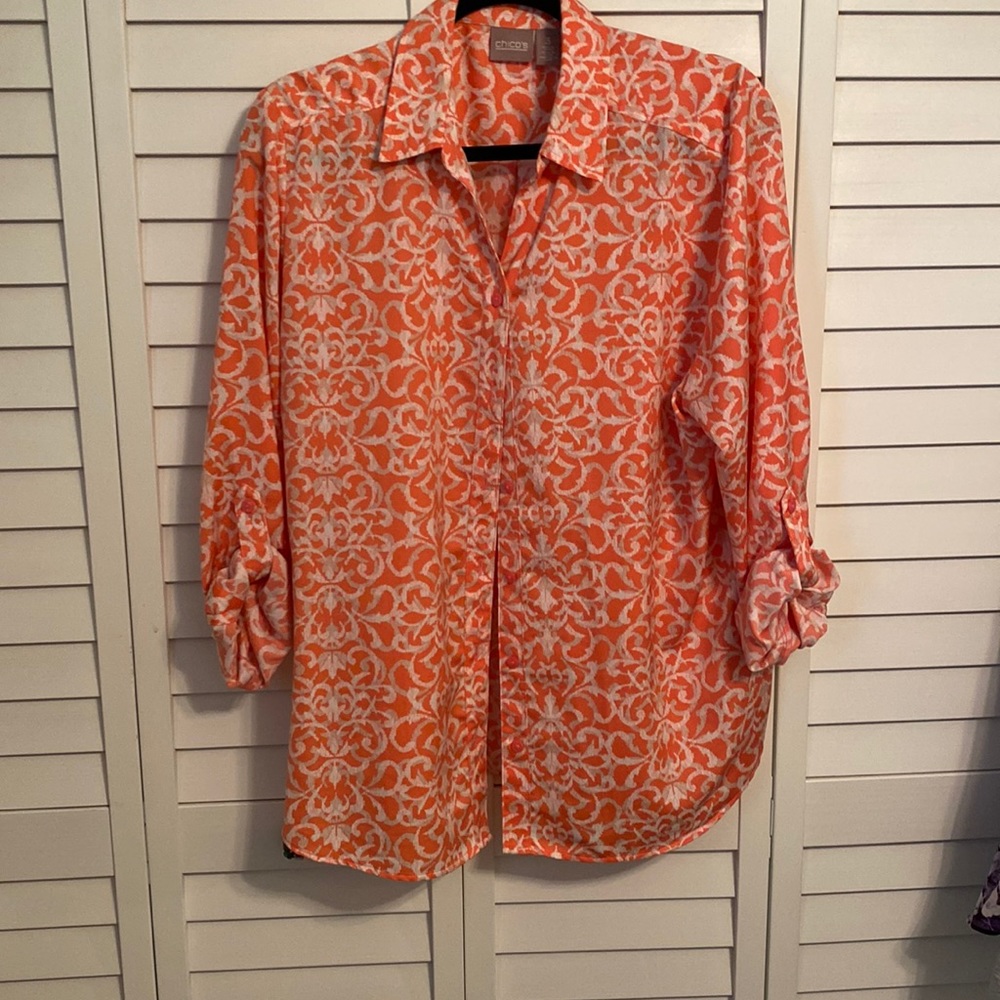 Chicos size 3 xl button down shirt.  Sleeves roll up or worn down, Coral color